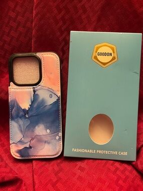 GoodOn Pink & Blue Marble Phone Case with Wallet Slot for iPhone 15 Pro.